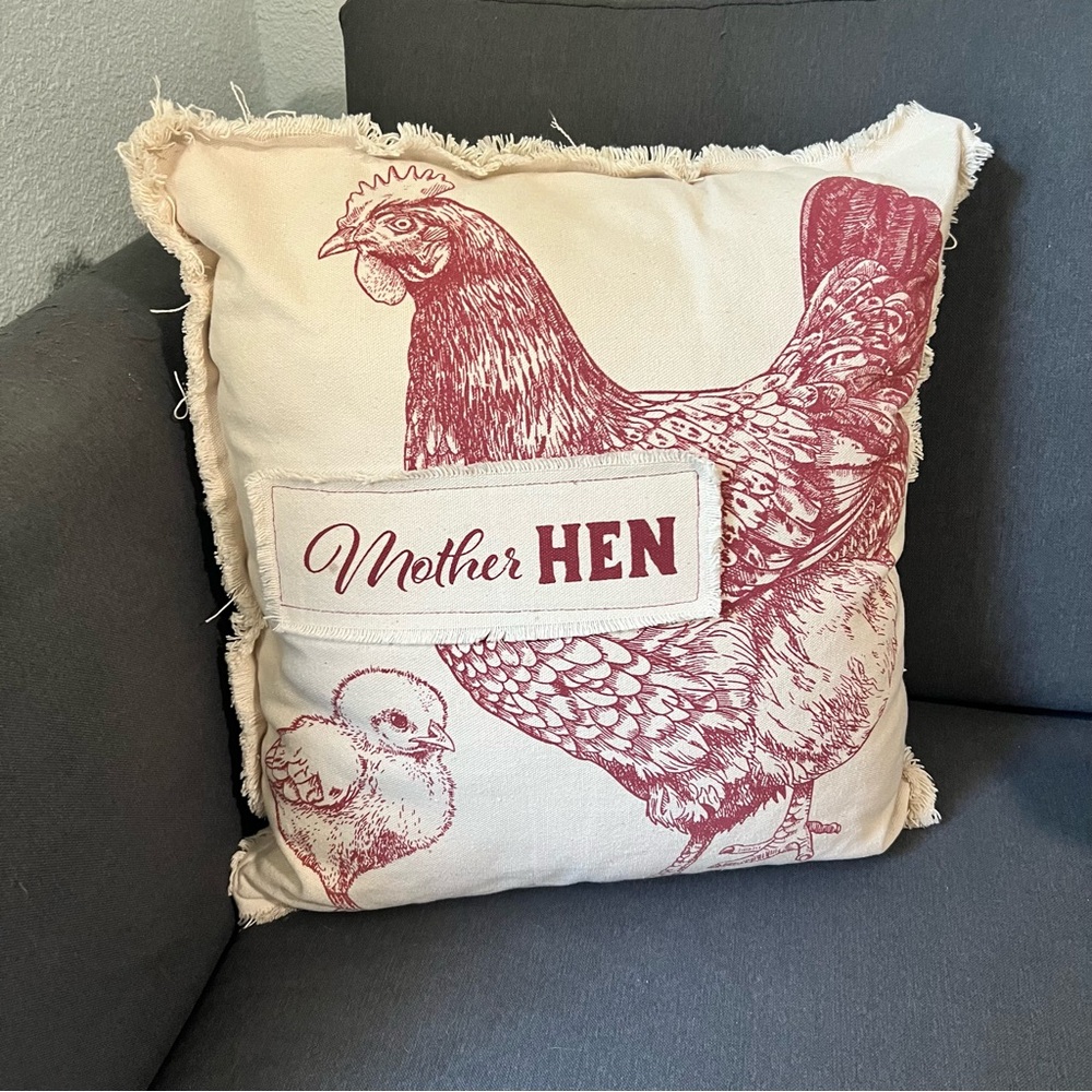 Rustic Mother Hen & Baby Chick Throw Pillow 20x20 Red/Beige Farmhouse Chic